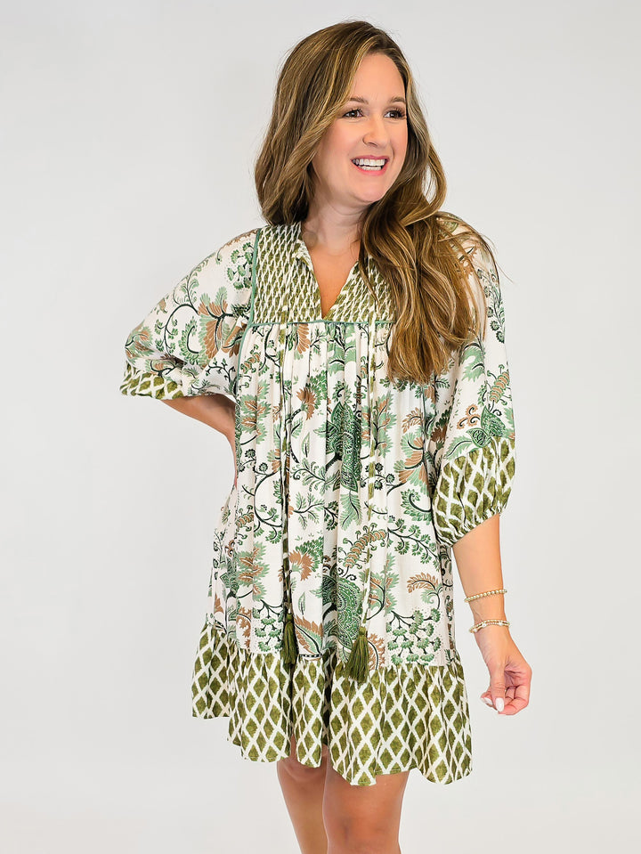 MIXED PRINT SMOCKING DETAIL DRESS - SAGE