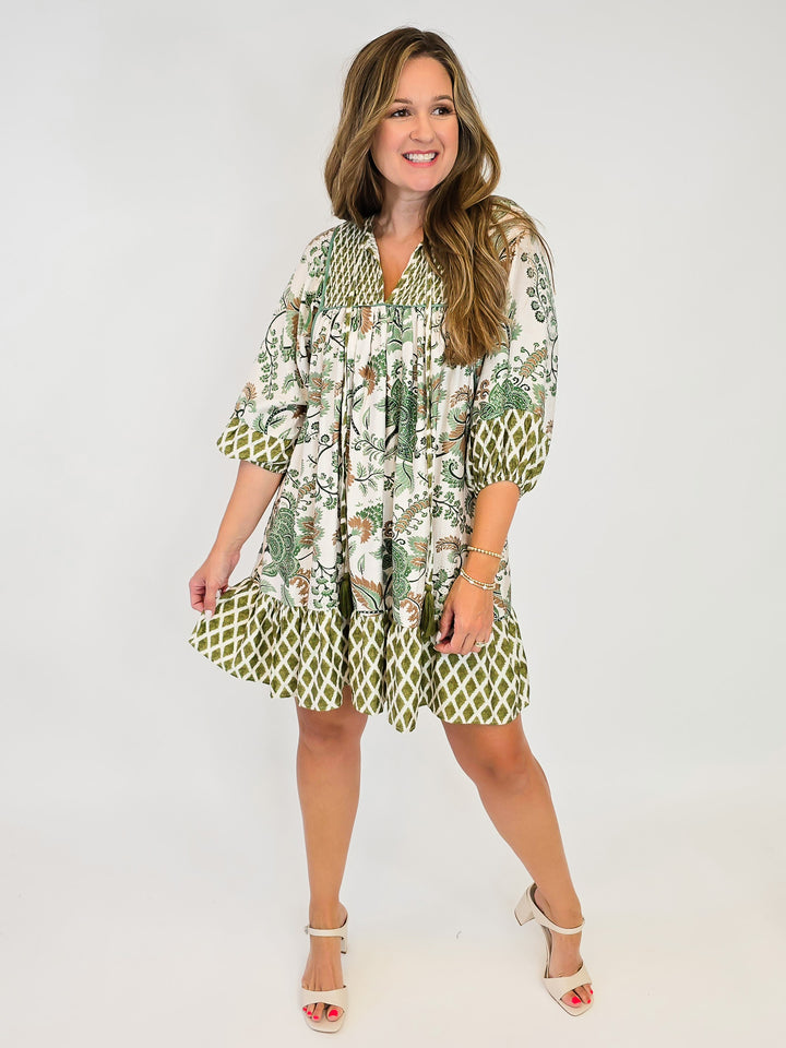 MIXED PRINT SMOCKING DETAIL DRESS - SAGE