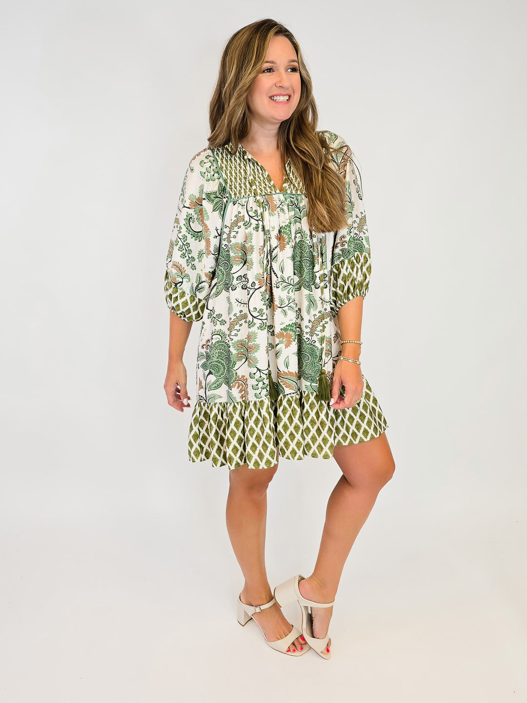 MIXED PRINT SMOCKING DETAIL DRESS - SAGE