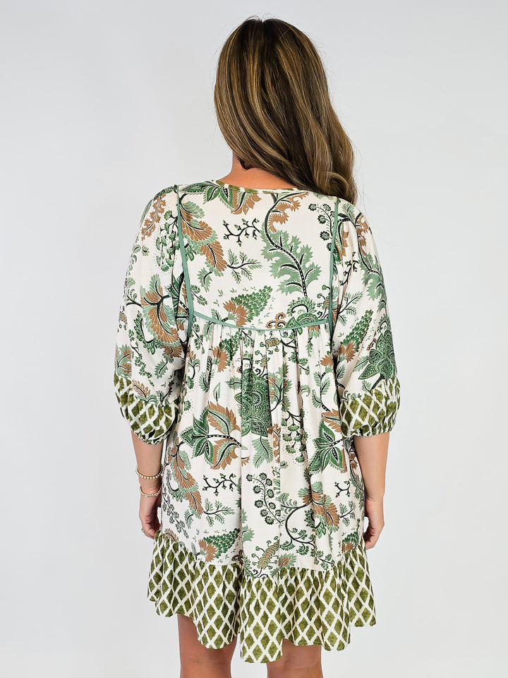 MIXED PRINT SMOCKING DETAIL DRESS - SAGE