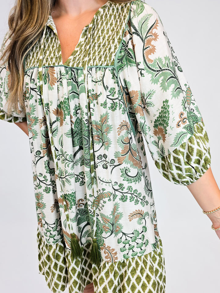 MIXED PRINT SMOCKING DETAIL DRESS - SAGE