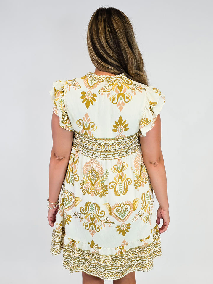 BORDER PRINT TIERED DOUBLE RUFFLE SLEEVE SHORT DRESS - MARIGOLD