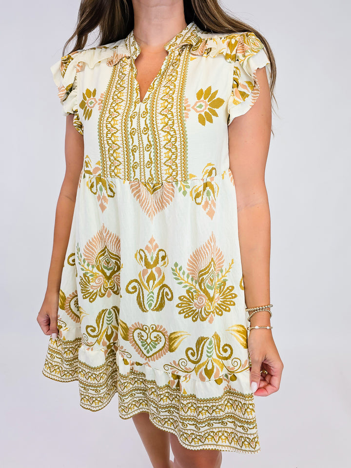 BORDER PRINT TIERED DOUBLE RUFFLE SLEEVE SHORT DRESS - MARIGOLD