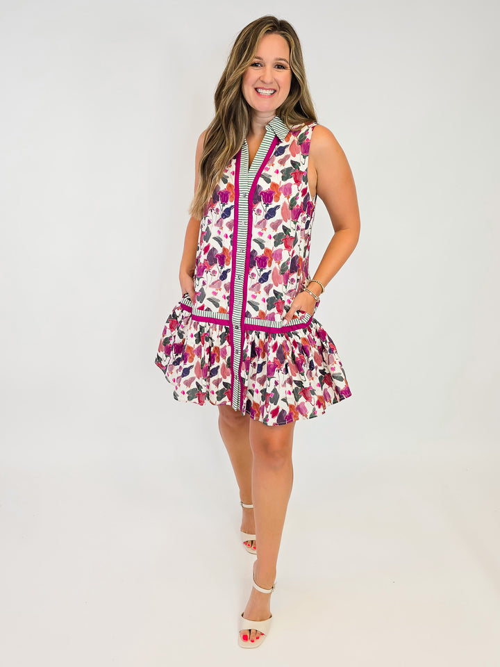 COLLARED SLEEVELESS PRINTED SHORT DRESS - PLUM