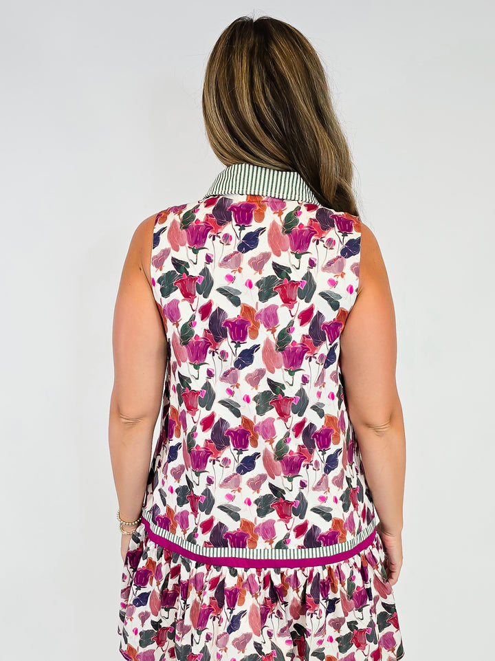 COLLARED SLEEVELESS PRINTED SHORT DRESS - PLUM