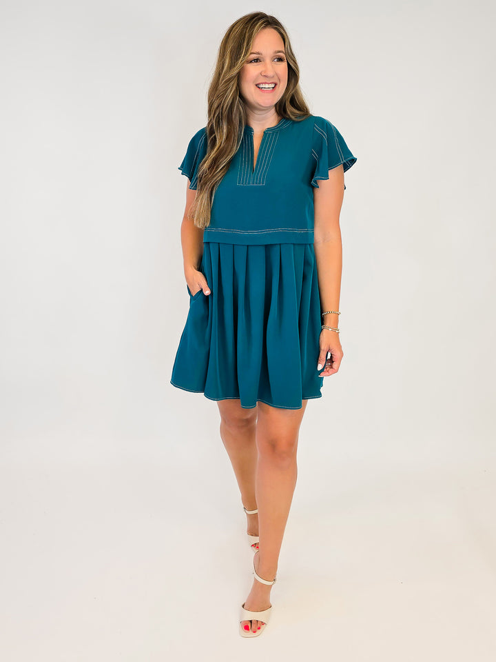 FLUTTER SLEEVE PLEATED SHORT DRESS - TEAL