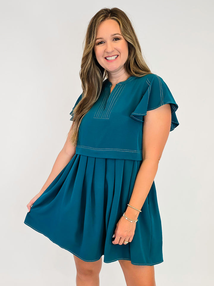FLUTTER SLEEVE PLEATED SHORT DRESS - TEAL