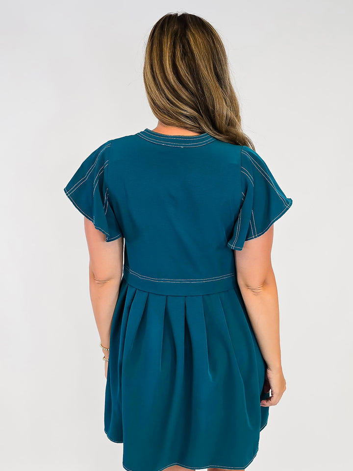 FLUTTER SLEEVE PLEATED SHORT DRESS - TEAL