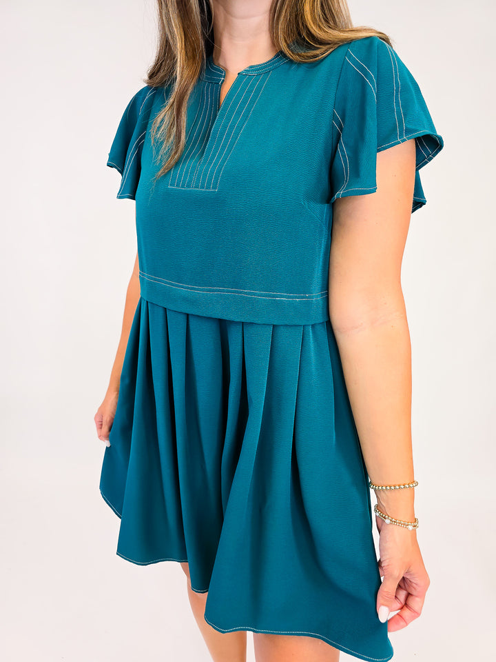 FLUTTER SLEEVE PLEATED SHORT DRESS - TEAL