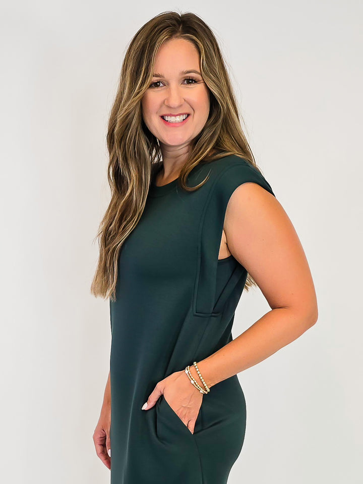 JERSEY KNIT MIDI DRESS W/SIDE SLIT - FOREST