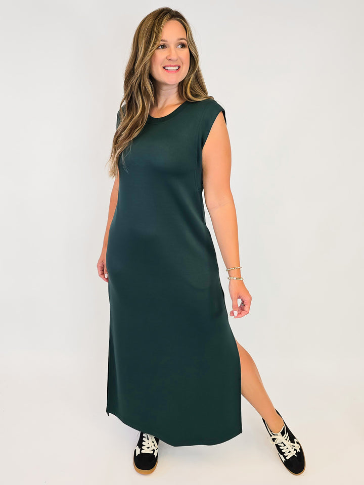 JERSEY KNIT MIDI DRESS W/SIDE SLIT - FOREST