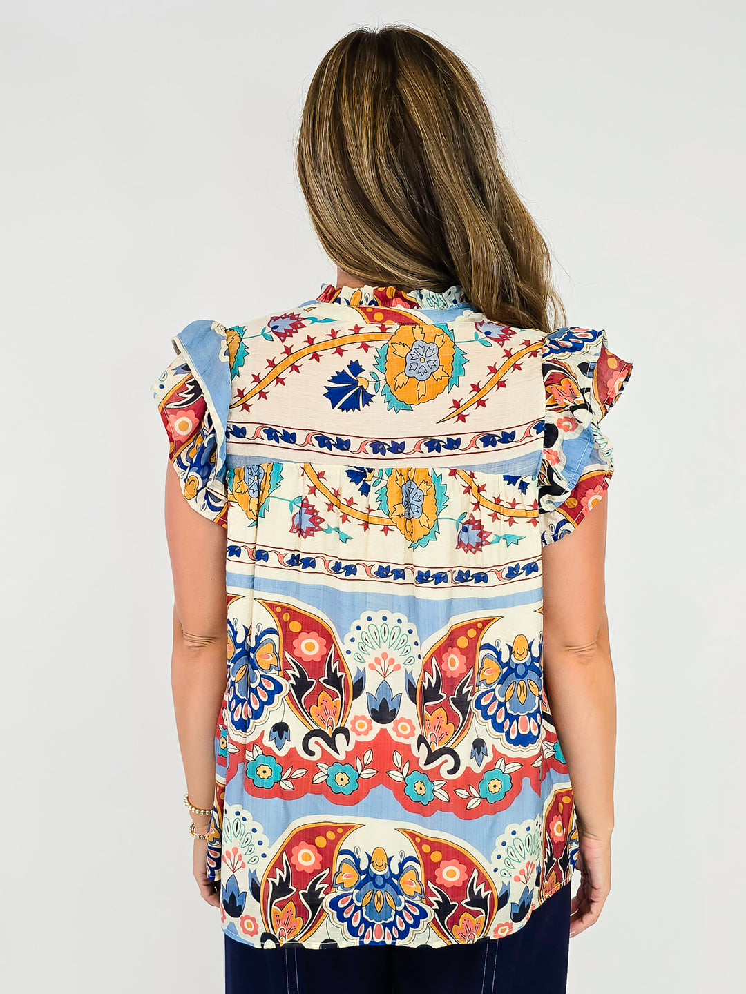 BORDER PRINT TOP WITH SHORT RUFFLE SLEEVES - BLUE MIX