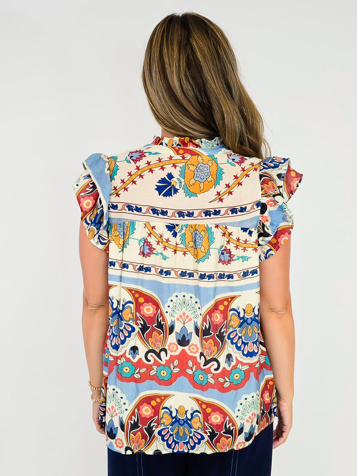 BORDER PRINT TOP WITH SHORT RUFFLE SLEEVES - BLUE MIX