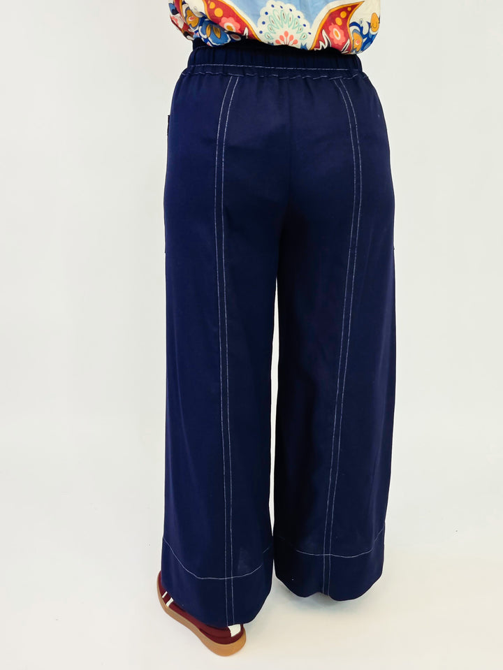 TIE WAIST WIDE LEG LINEN PANTS - DARK NAVY