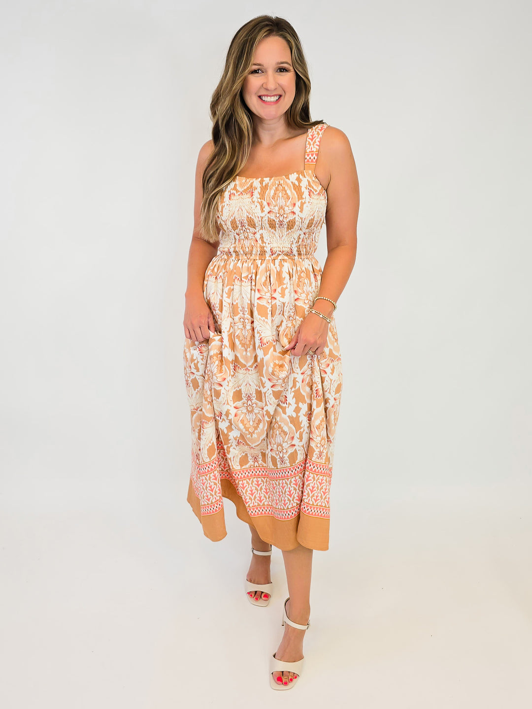 BOHO PRINTED SLEEVELESS MIDI DRESS - APRICOT
