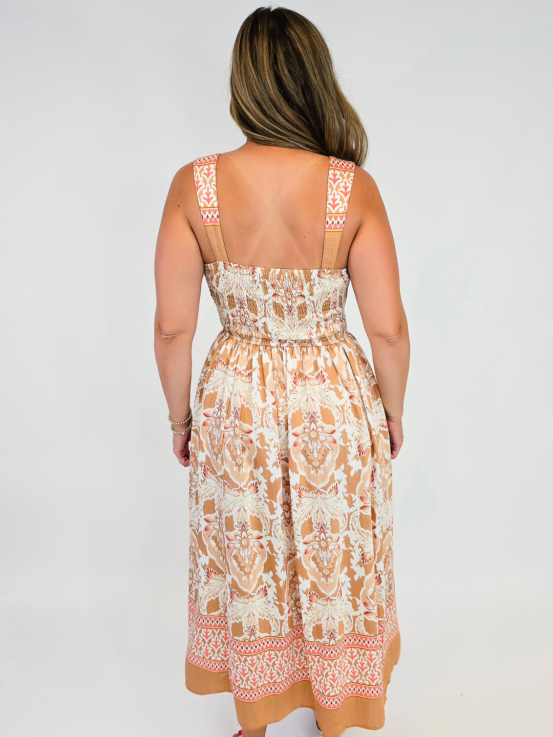BOHO PRINTED SLEEVELESS MIDI DRESS - APRICOT