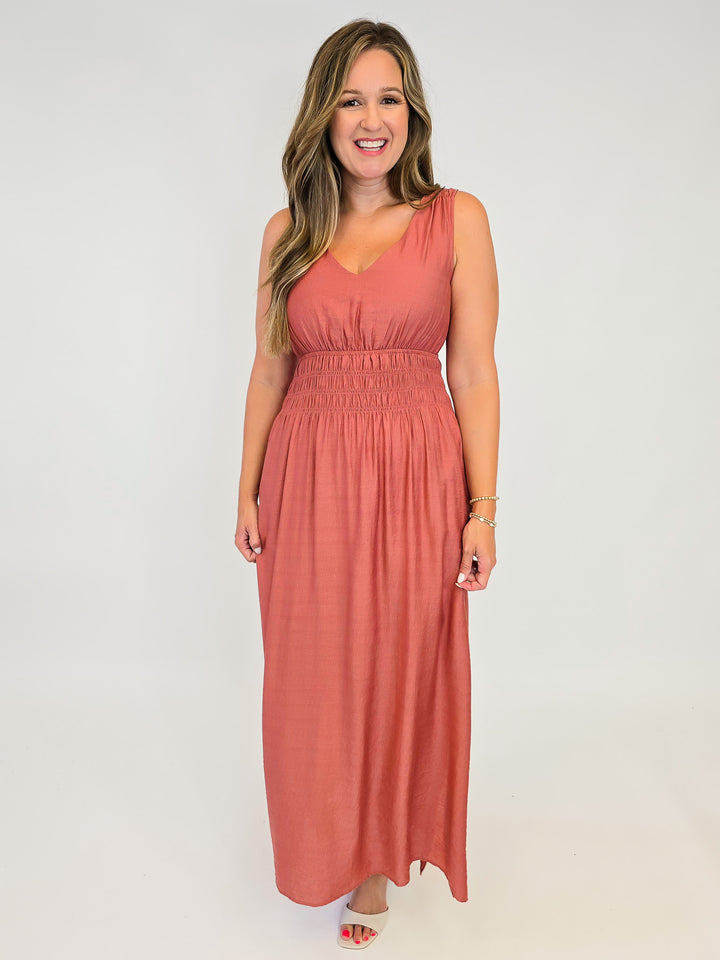 SLEEVELESS SOLID MAXI DRESS W/SMOCKED WAIST - LIGHT BRICK