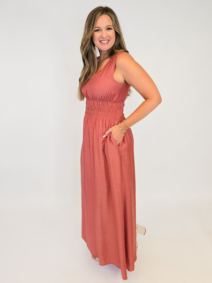 SLEEVELESS SOLID MAXI DRESS W/SMOCKED WAIST - LIGHT BRICK