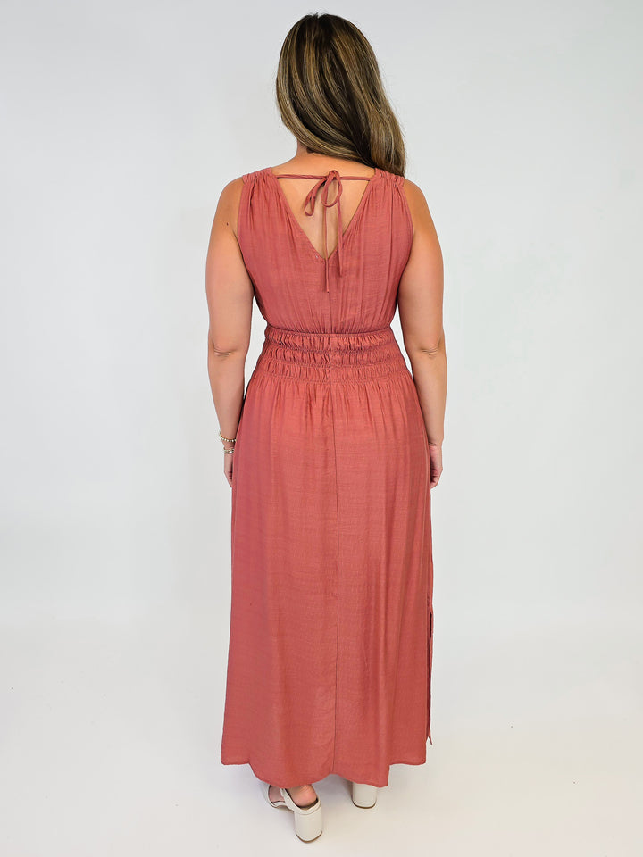 SLEEVELESS SOLID MAXI DRESS W/SMOCKED WAIST - LIGHT BRICK