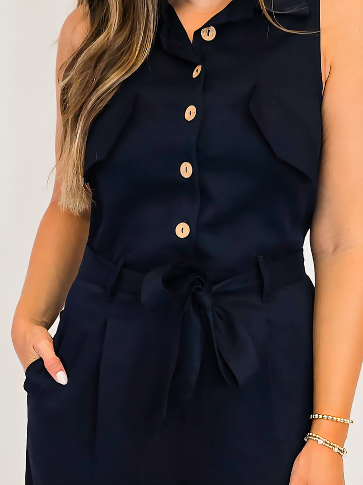 V-NECK JUMPSUIT WITH BELT - MIDNIGHT