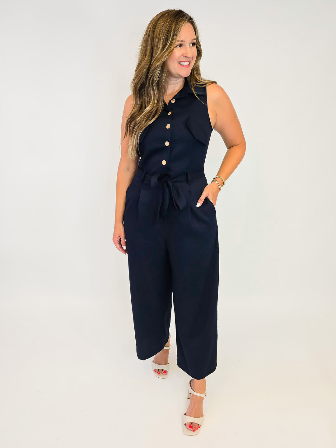 V-NECK JUMPSUIT WITH BELT - MIDNIGHT