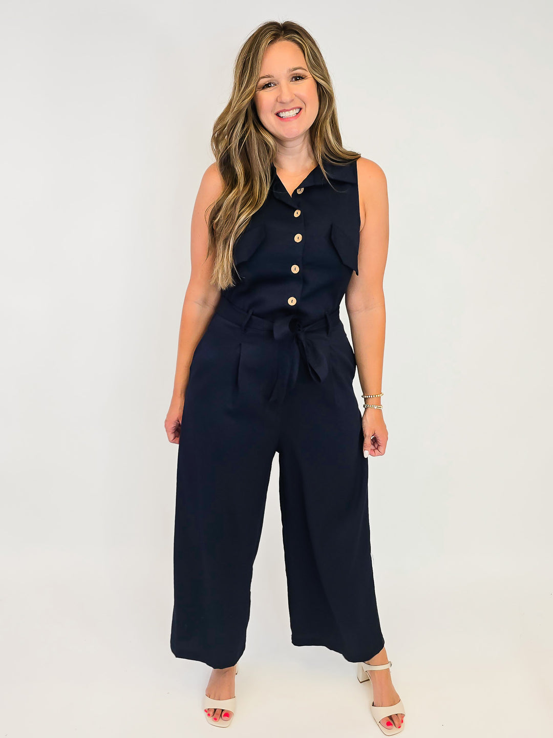 V-NECK JUMPSUIT WITH BELT - MIDNIGHT
