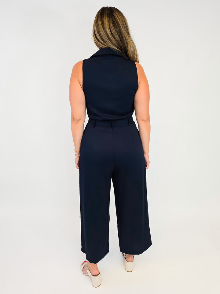 V-NECK JUMPSUIT WITH BELT - MIDNIGHT