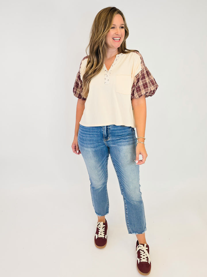 MINERAL WASHED PLAID PUFF SLEEVE TOP - CREAM BERRY