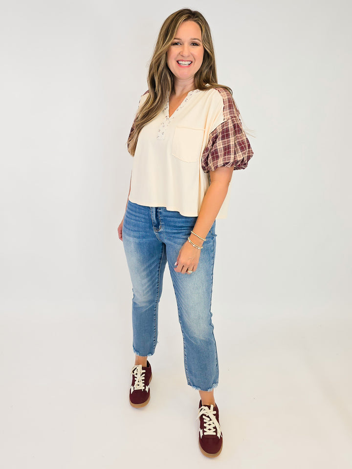 MINERAL WASHED PLAID PUFF SLEEVE TOP - CREAM BERRY