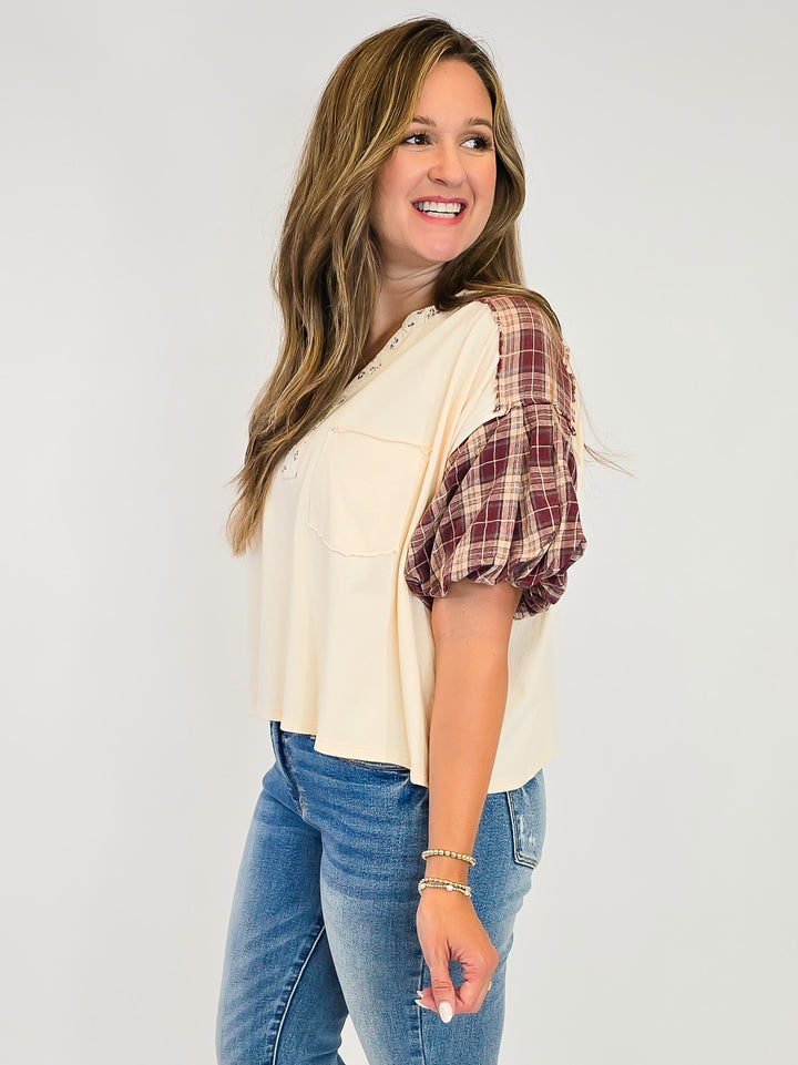 MINERAL WASHED PLAID PUFF SLEEVE TOP - CREAM BERRY
