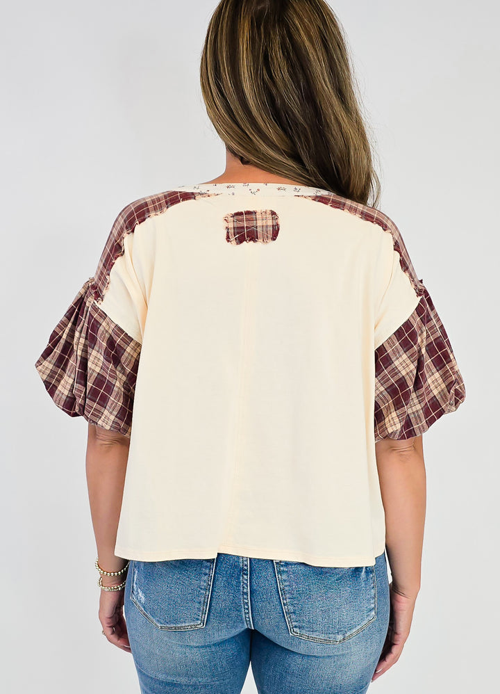 MINERAL WASHED PLAID PUFF SLEEVE TOP - CREAM BERRY