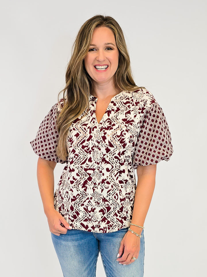MIXED EMBROIDERED BUBBLE SLEEVE TOP - BURGUNDY