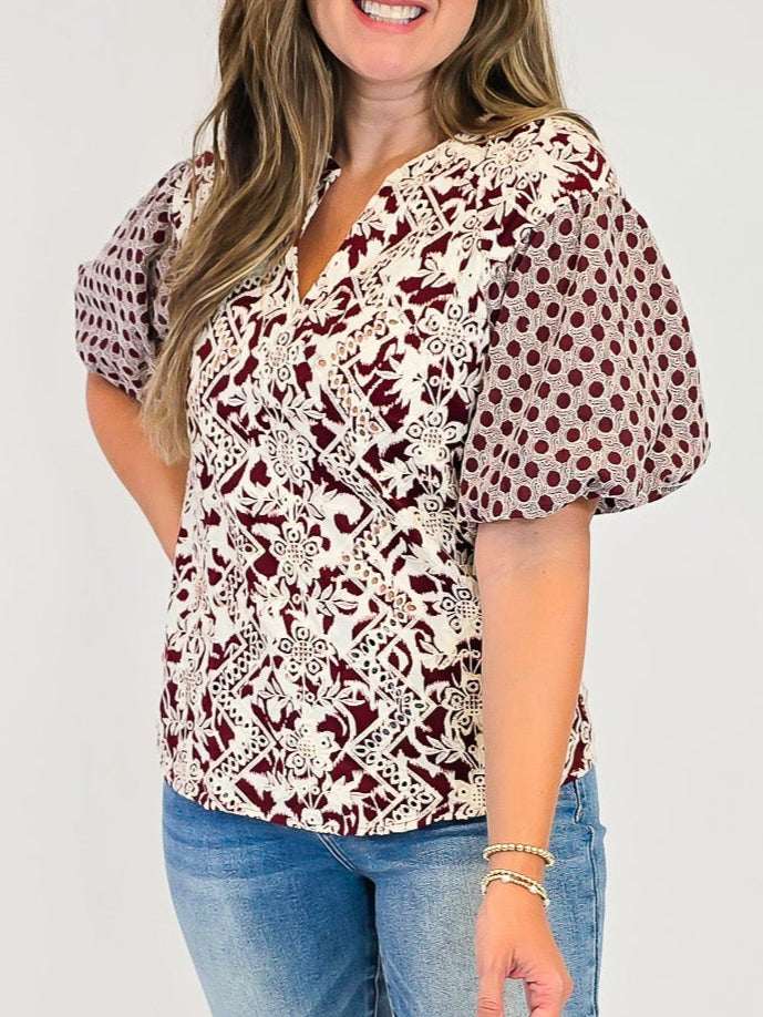 MIXED EMBROIDERED BUBBLE SLEEVE TOP - BURGUNDY