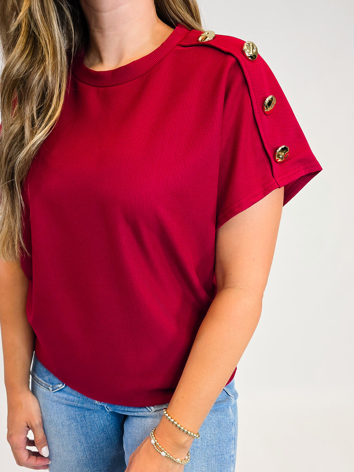 BUTTON ACCENT CREW NECK SHIRT - CHERRY