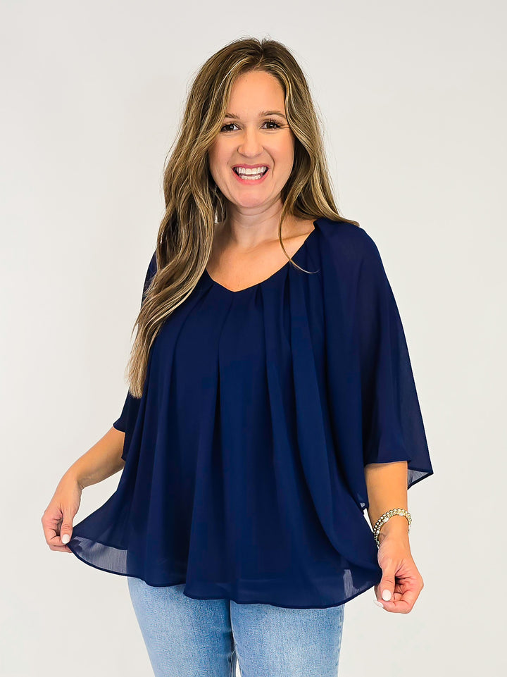 3/4 RUFFLE SLEEVE PLEATED BOXY TOP - NAVY