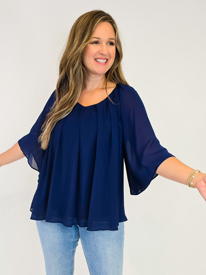 3/4 RUFFLE SLEEVE PLEATED BOXY TOP - NAVY
