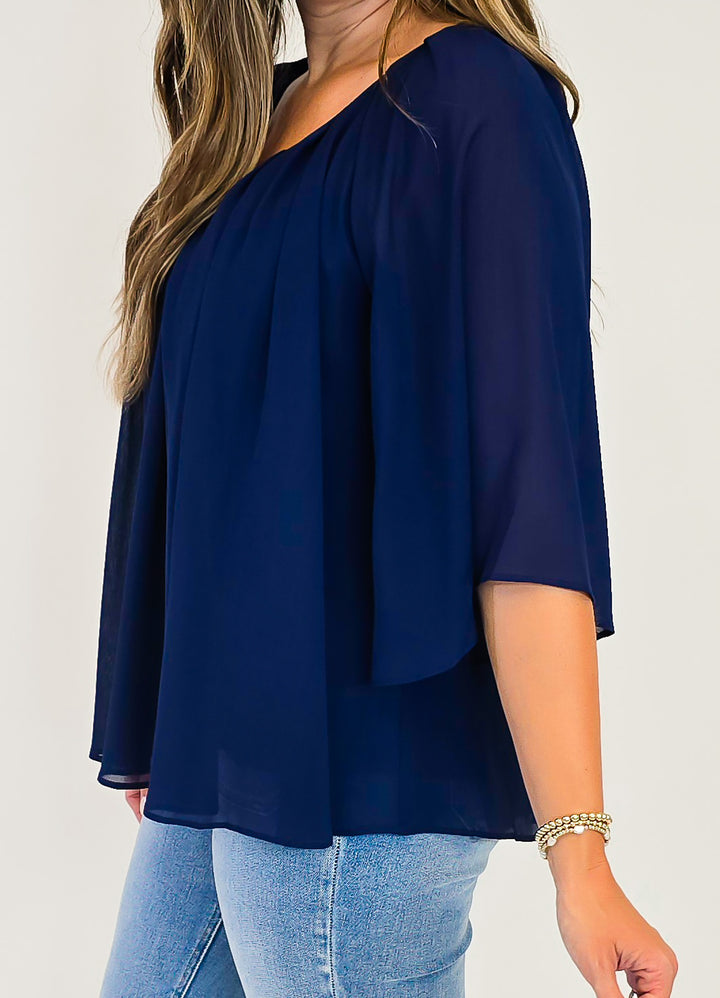 3/4 RUFFLE SLEEVE PLEATED BOXY TOP - NAVY
