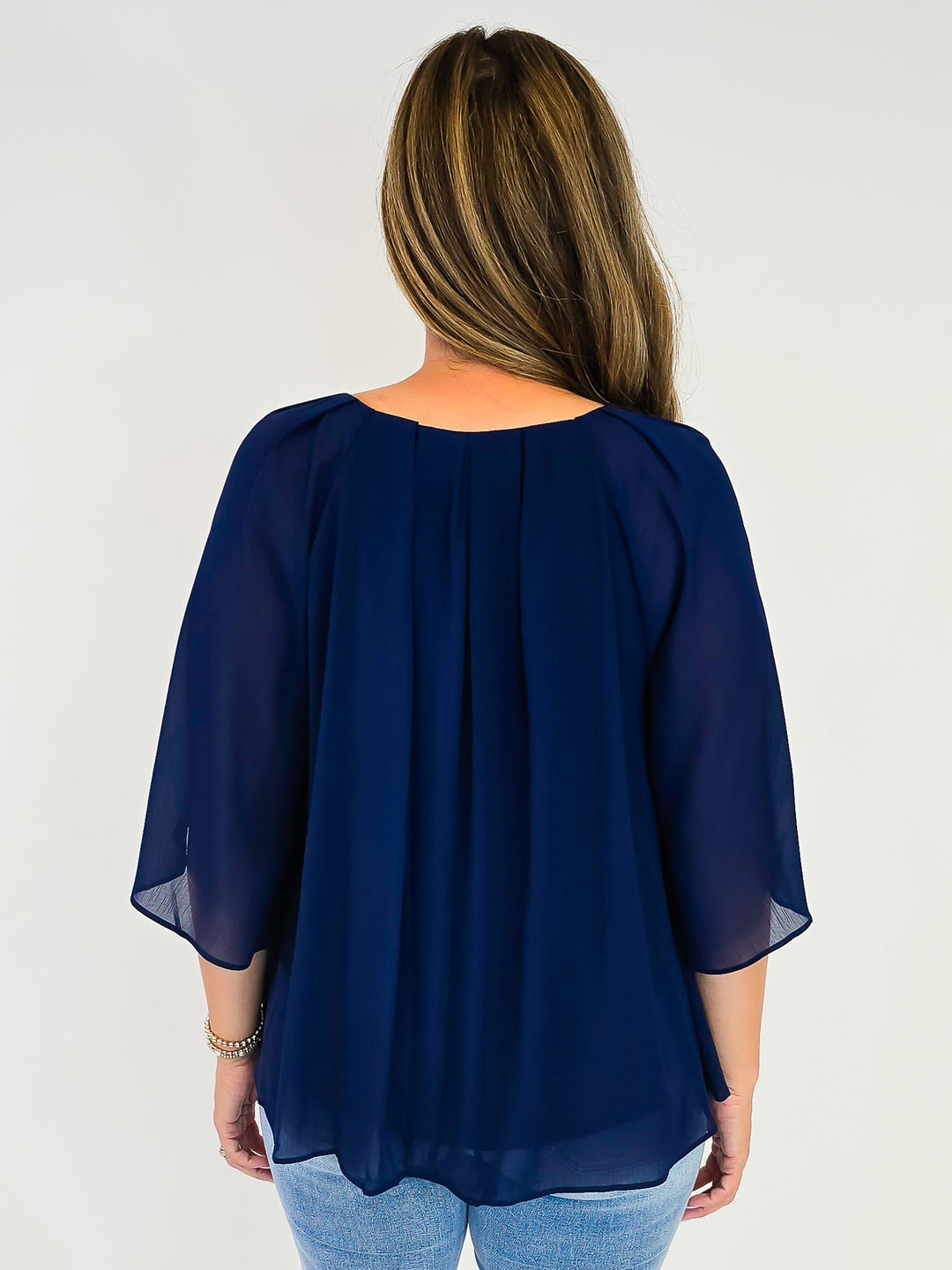 3/4 RUFFLE SLEEVE PLEATED BOXY TOP - NAVY