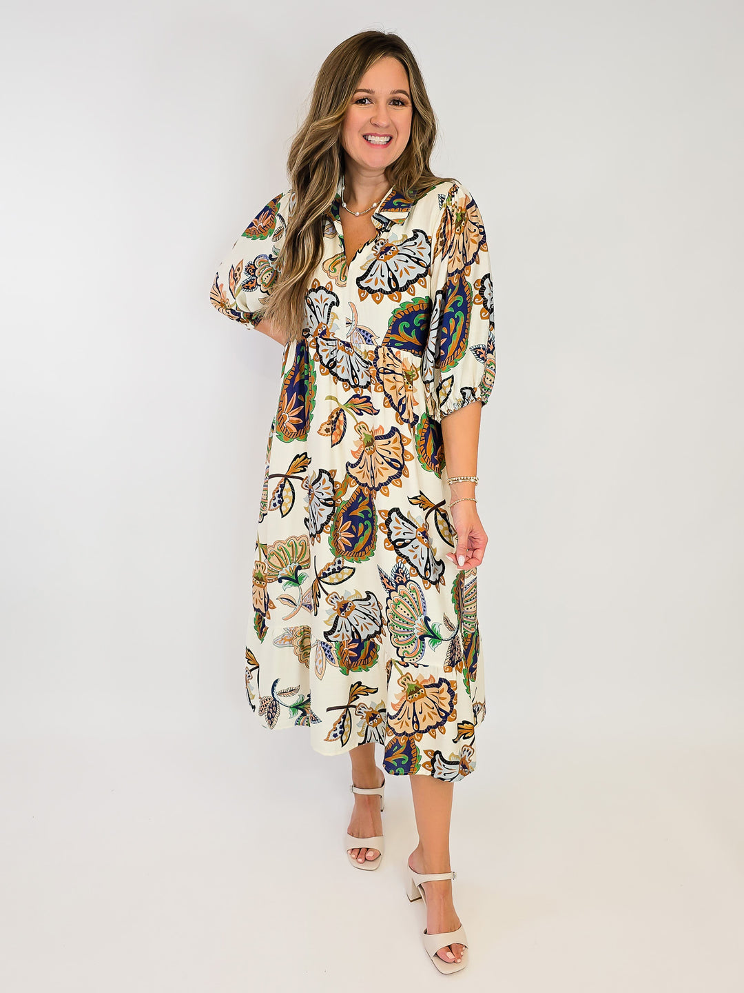 PRINTED COLLARED MIDI DRESS - CREAM