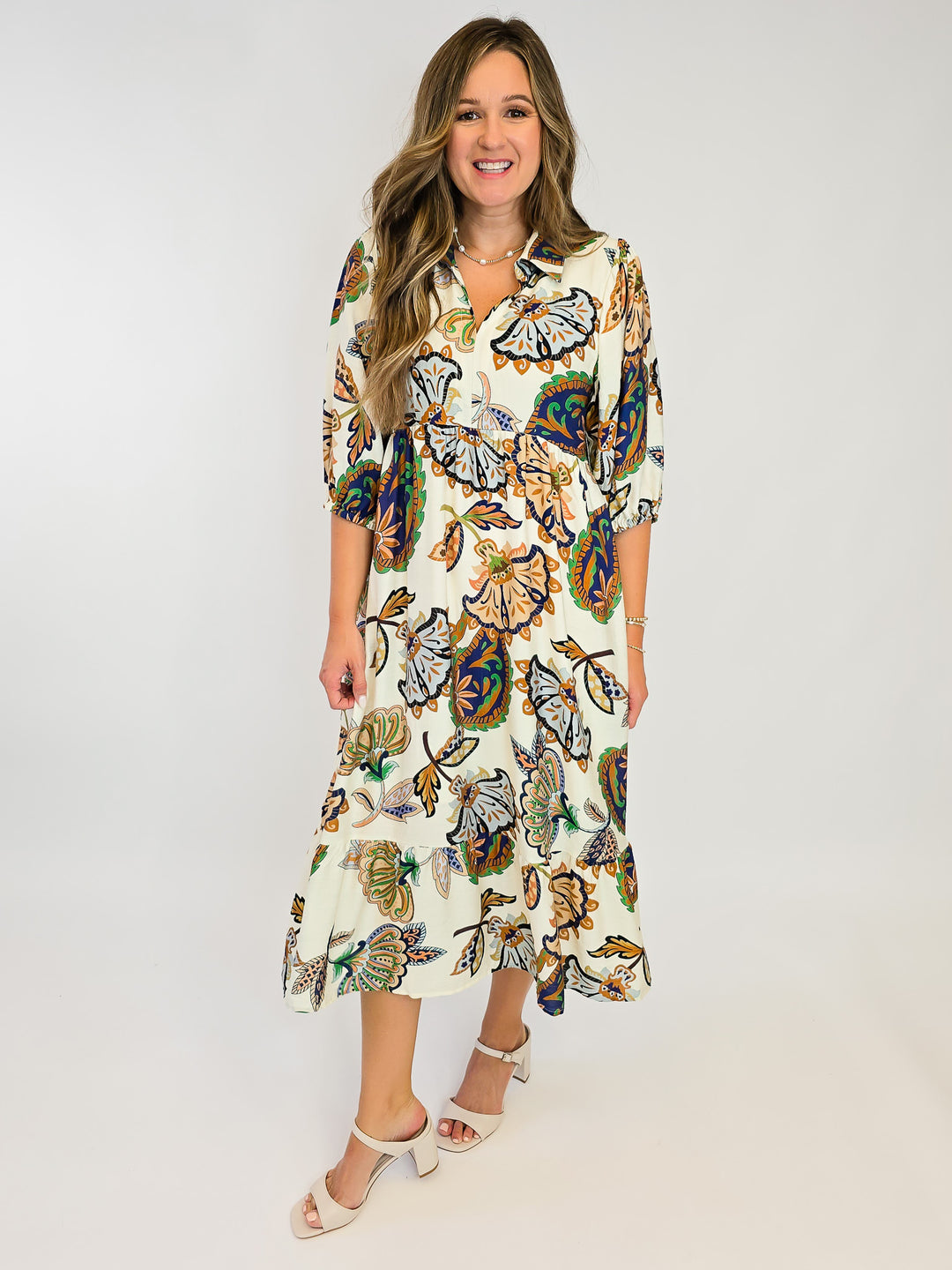 PRINTED COLLARED MIDI DRESS - CREAM