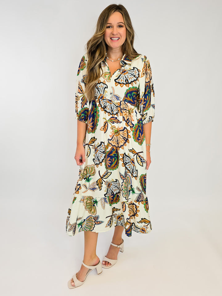 PRINTED COLLARED MIDI DRESS - CREAM