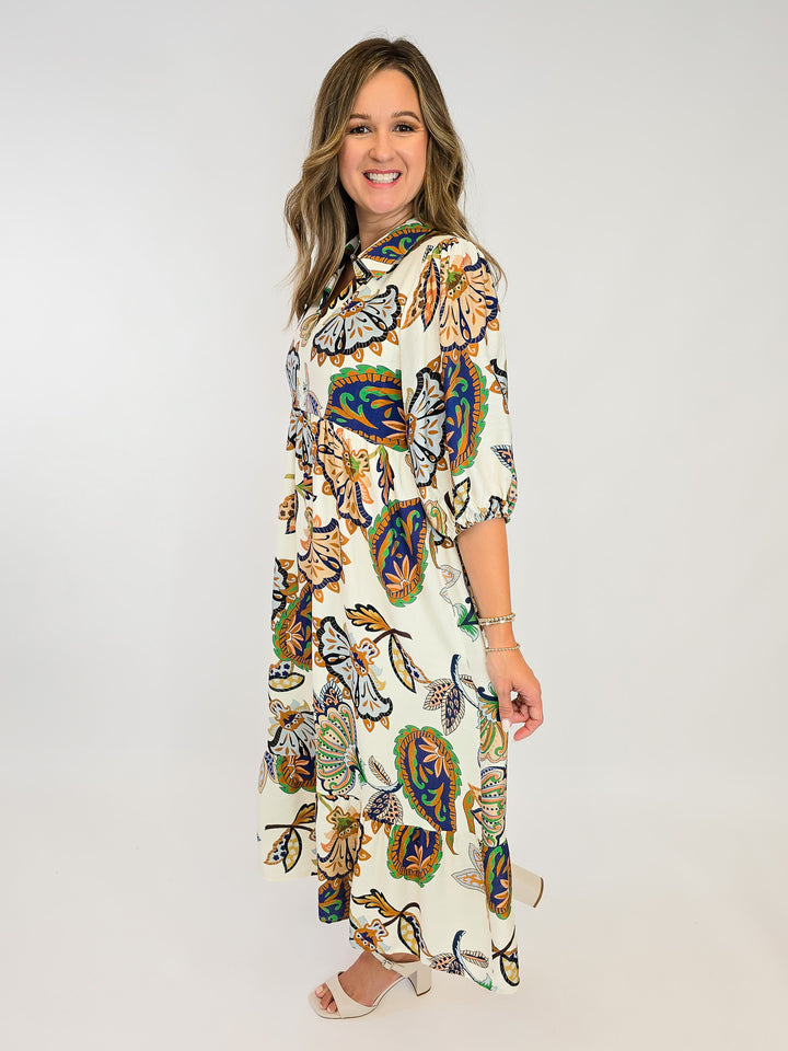 PRINTED COLLARED MIDI DRESS - CREAM
