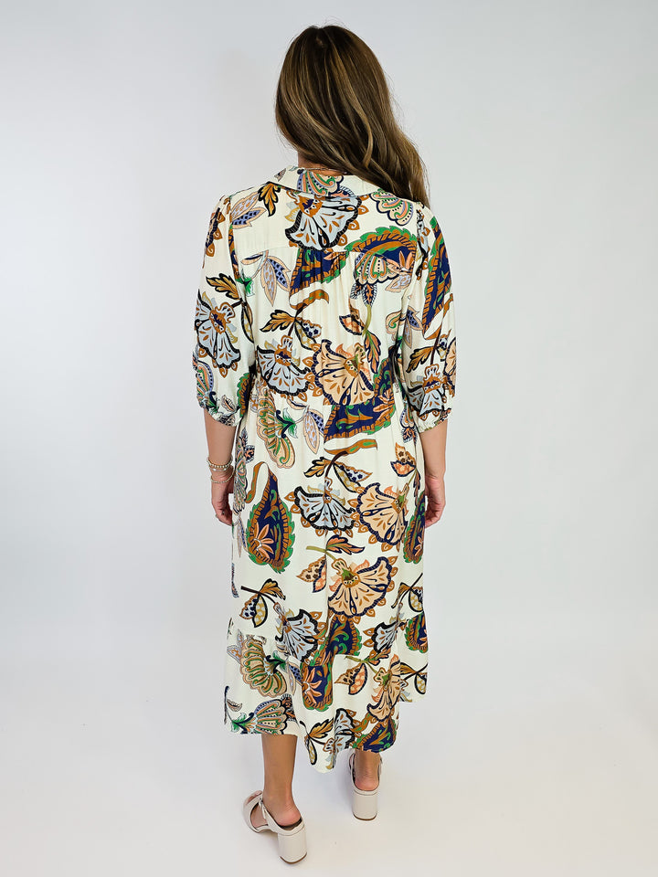 PRINTED COLLARED MIDI DRESS - CREAM