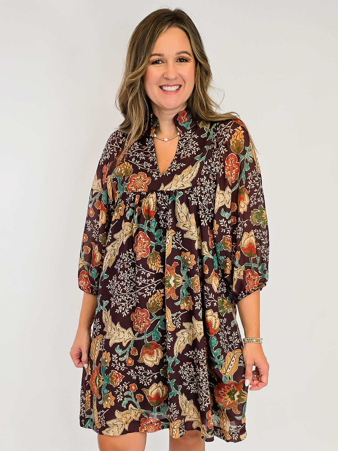 FLORAL PRINT SHORT DRESS - BROWN