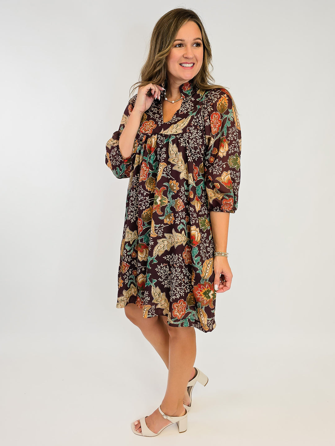 FLORAL PRINT SHORT DRESS - BROWN