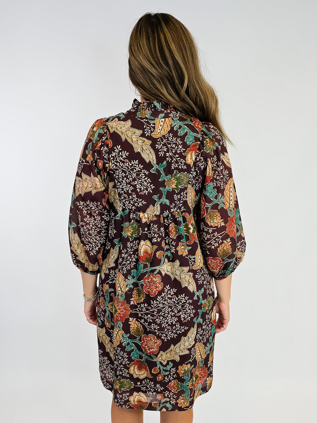 FLORAL PRINT SHORT DRESS - BROWN