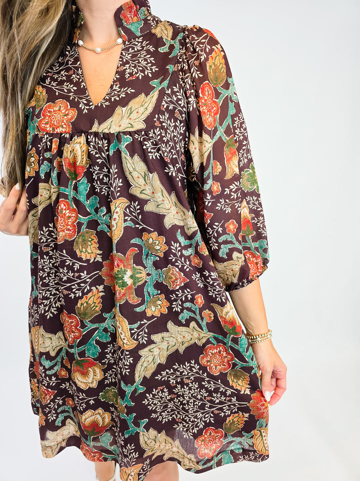 FLORAL PRINT SHORT DRESS - BROWN