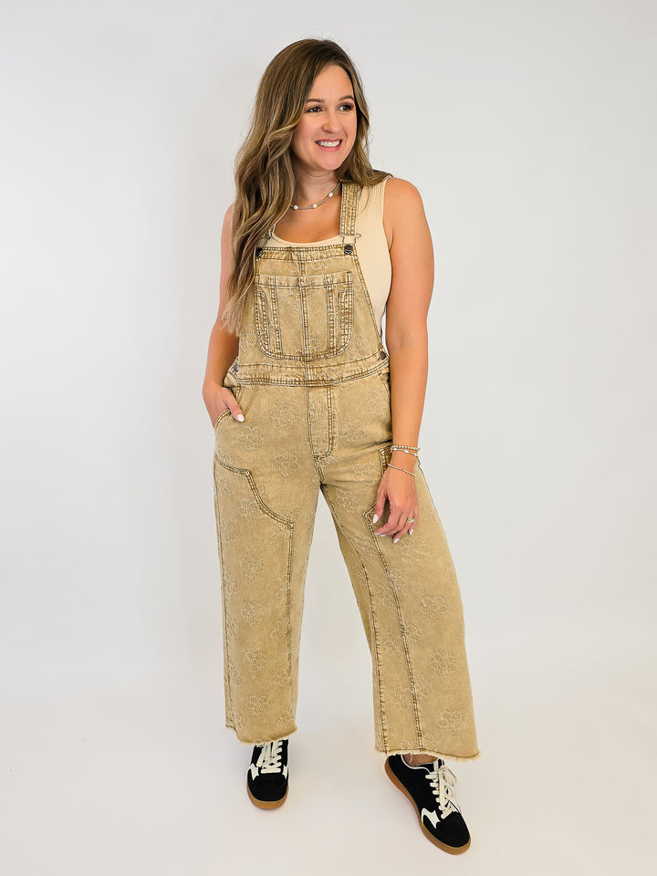 FLOWER PATTERN WASHED TWILL OVERALLS - WALNUT