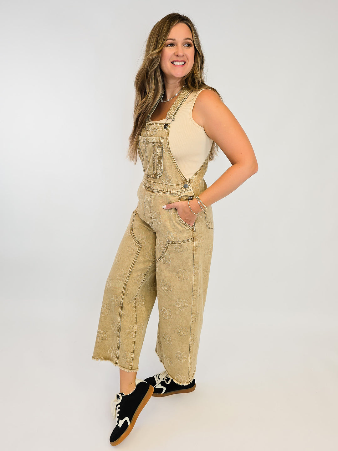 FLOWER PATTERN WASHED TWILL OVERALLS - WALNUT