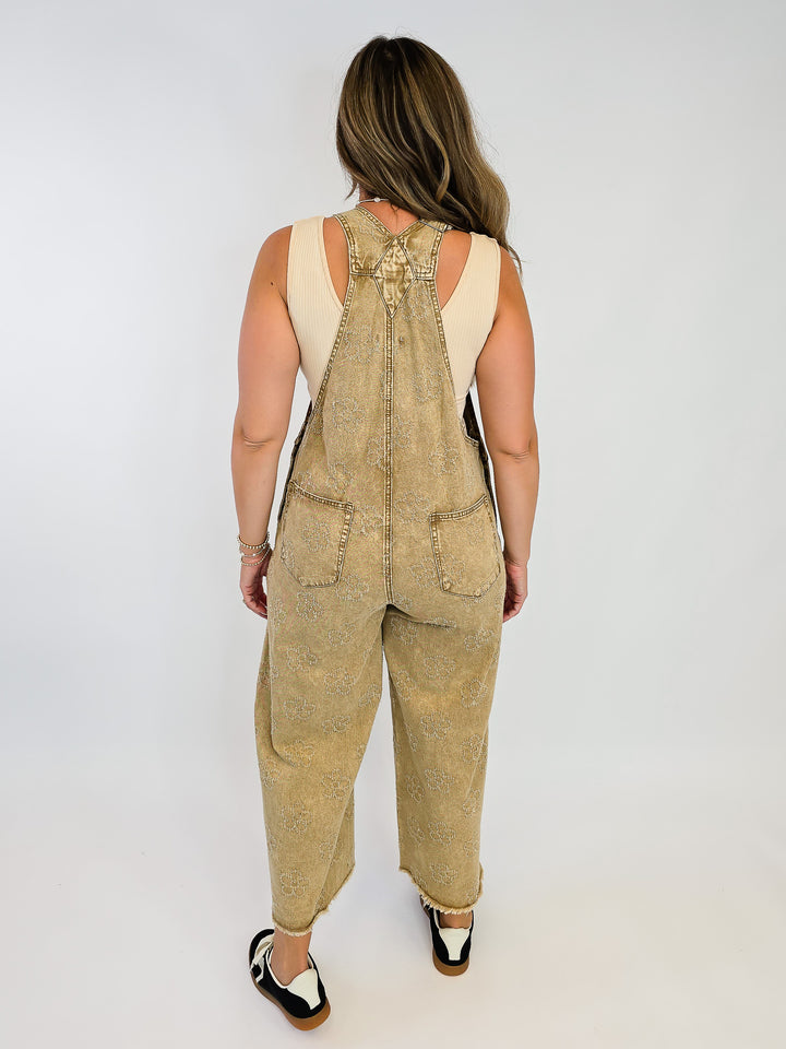 FLOWER PATTERN WASHED TWILL OVERALLS - WALNUT